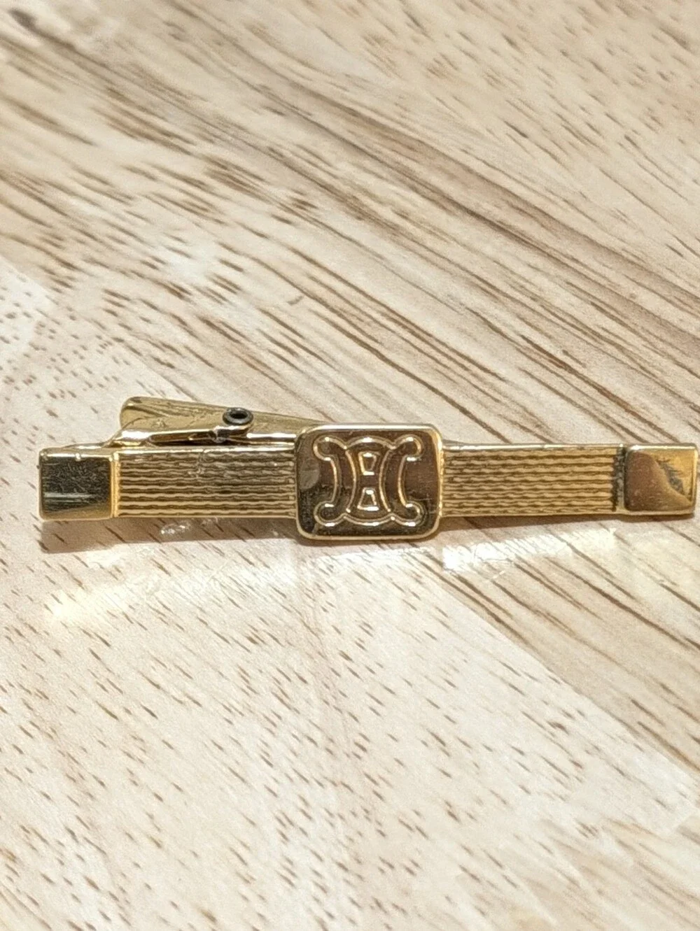 Vintage Celine Gold Tone Textured Tie Clip Triomphe Logo